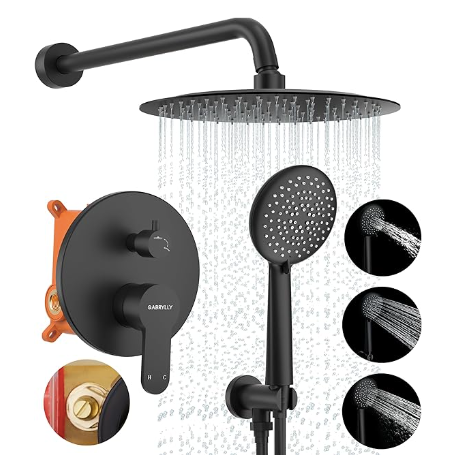 Gabrylly Shower System Polished Gold, Rain Shower Head System for Bathroom with High Pressure 10" Rain Shower head and 5-Setting Handheld Shower Head Set