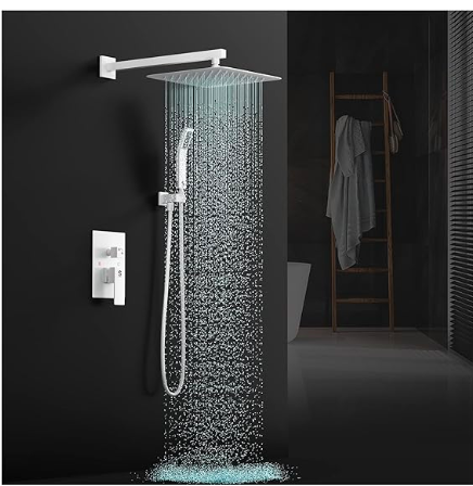 Square rain shower set with handheld spray, wall-mounted in brushed nickel. Includes repair kits with shower valve