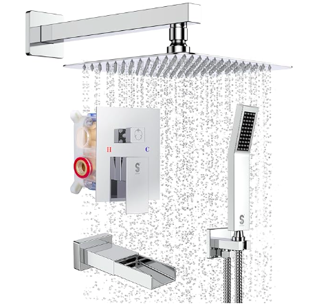 SR SUN RISE 12 Inches All Metal Square Shower System with Tub Spout, Tub Shower Faucet Set, High Pressure Rain Shower Head and Handheld Sprayer Combo Shower Fixtues, Valve Included, Polished Chrome