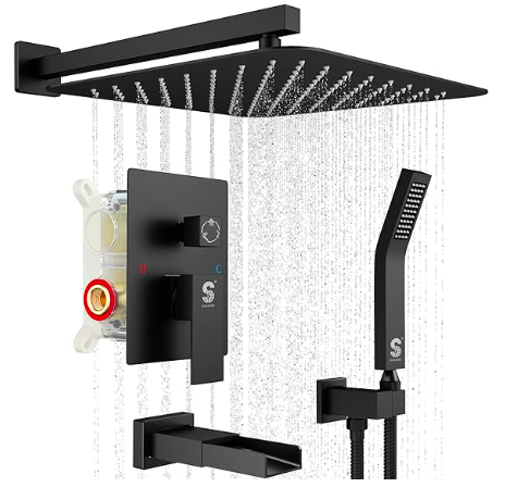 SR SUN RISE 12 Inches All Metal Square Shower System with Tub Spout, Tub Shower Faucet Set, High Pressure Rain Shower Head and Handheld Sprayer Combo Shower Fixtues, Valve Included, Polished Chrome