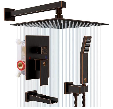 SR SUN RISE 12 Inches All Metal Square Shower System with Tub Spout, Tub Shower Faucet Set, High Pressure Rain Shower Head and Handheld Sprayer Combo Shower Fixtues, Valve Included, Polished Chrome
