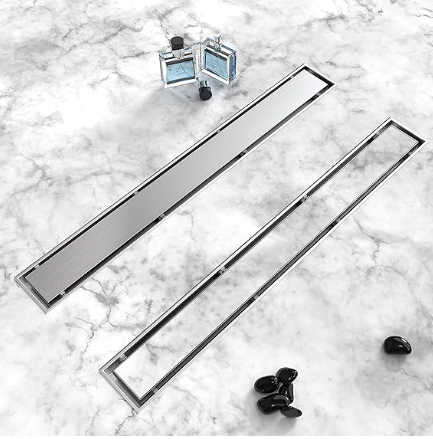 Shower Drain, 2-in-1 Linear Drain (Brushed Nickel Finish), Stainless Steel Drain for Shower Floor with Tile Insert Grate, Feet Adjustment Feature, and Hair Filtration System.