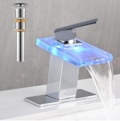 LED Bathroom Sink Faucet, Matte Black Waterfall Single Hole Handle Vanity Faucets for Sinks 1 Hole with Metal Pop Up Drain and 2 Water Supply Lines, Open Glass Spout