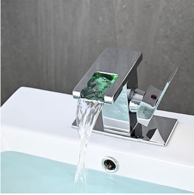 LED Bathroom Sink Faucet, Chrome Waterfall Single Hole Handle Vanity Faucets for Sinks 1 Hole with Metal Pop Up Drain and 2 Water Supply Lines, Side Handle