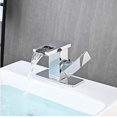 LED Bathroom Sink Faucet, Chrome Waterfall Single Hole Handle Vanity Faucets for Sinks 1 Hole with Metal Pop Up Drain and 2 Water Supply Lines, Side Handle