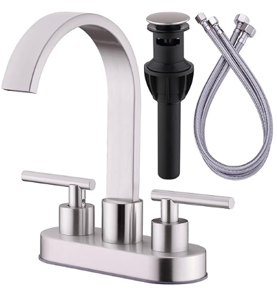 TRUSTMI Bathroom Faucet Gold 2 Handle Lavatory Basin Sink Faucet Swivel Waterfall 4 Inch Centerset Vanity Faucet with Overflow Pop Up Drain Assembly, Brushed Gold