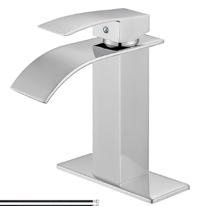 Faucet for Bathroom Sink with Single Handle, Chrome Finish, Waterfall Spout, Suitable for 1 or 3 Holes Installation, Ideal for RV Lavatory or Vanity, Comes with Deck Plate and Supply Lines.