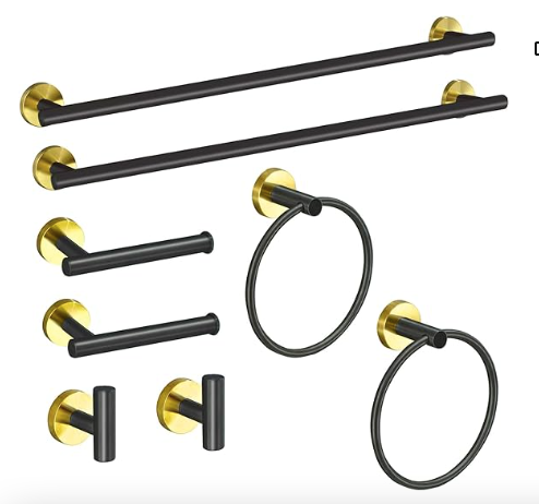 8 Piece Bathroom Hardware Set in Black and Gold includes a 24-inch towel bar, a towel ring, a toilet paper holder, and a robe towel hook, all made of SUS304 stainless steel in a sleek black and gold finish.