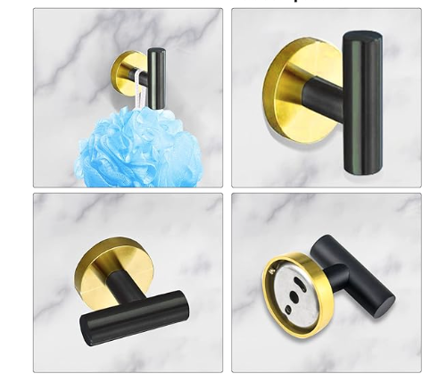 8 Piece Bathroom Hardware Set in Black and Gold includes a 24-inch towel bar, a towel ring, a toilet paper holder, and a robe towel hook, all made of SUS304 stainless steel in a sleek black and gold finish.