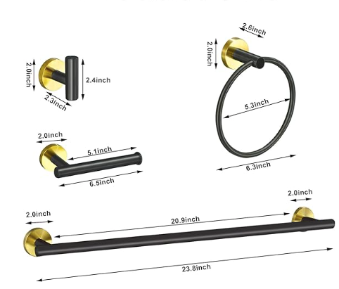 8 Piece Bathroom Hardware Set in Black and Gold includes a 24-inch towel bar, a towel ring, a toilet paper holder, and a robe towel hook, all made of SUS304 stainless steel in a sleek black and gold finish.