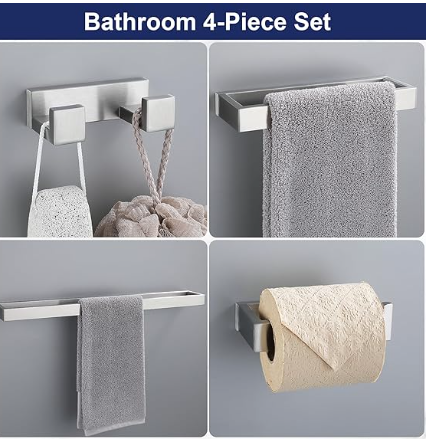 Lairuier Bathroom Hardware Accessories Set, Brushed Nickel 4-Piece Bathroom Hardware Set Including Towel Bar,Towel Holder, Toilet Paper Holder,Towel Hook, Stainless Steel Bath Towel Bar Set