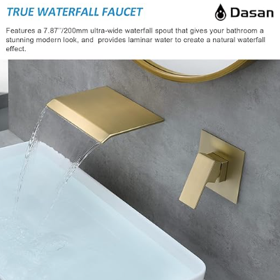Wall Mount Waterfall Bathroom Faucet Brushed Gold in Wall Sink Faucet, Single Handle Wall