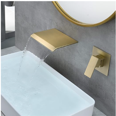 Wall Mount Waterfall Bathroom Faucet Brushed Gold in Wall Sink Faucet, Single Handle Wall