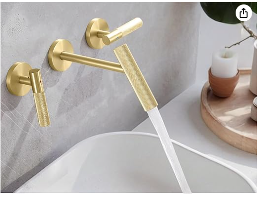 Brushed Gold Wall Mount Bathroom Sink Faucets for 3 Holes,Made of Lead-Free Brass, Widespread Modern Vanity Faucet