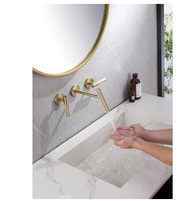 Brushed Gold Wall Mount Bathroom Sink Faucets for 3 Holes,Made of Lead-Free Brass, Widespread Modern Vanity Faucet