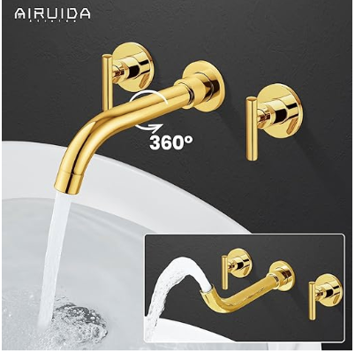 Nickel Widespread Bathroom Sink Faucet Wall Mounted 3 Hole Bathroom Faucet with Dual Handle 360 Swivel Spout Wall Mount Lavatory Faucet Brass Rough-in Valve