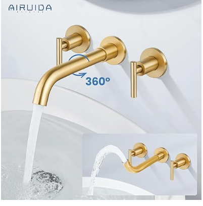 Nickel Widespread Bathroom Sink Faucet Wall Mounted 3 Hole Bathroom Faucet with Dual Handle 360 Swivel Spout Wall Mount Lavatory Faucet Brass Rough-in Valve