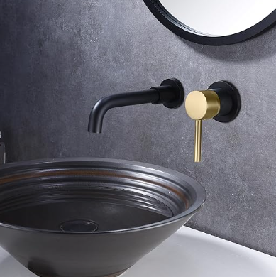 Wall Mount Bathroom Faucet Black and Gold Wall Mount Faucet for Bathroom Sink, with Two Handles and Rough in Valve