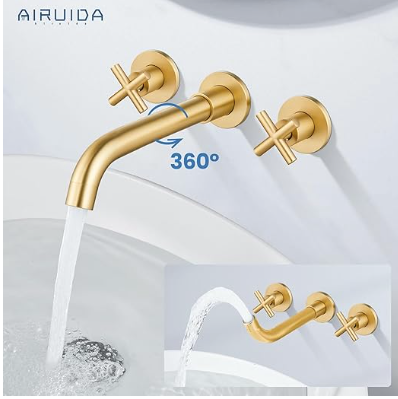 Airuida Chrome Polish Wall Mount Bathroom Sink Faucet Wall Mount Widespread Bathroom Faucet 360 Swivel Spout Double Cross Handles Lavatory Basin Sink Mixing Faucet with Brass Rough in Valve