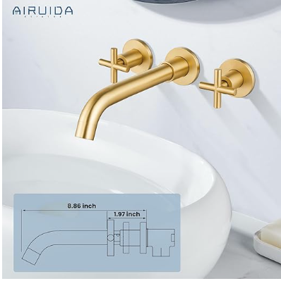 Airuida Chrome Polish Wall Mount Bathroom Sink Faucet Wall Mount Widespread Bathroom Faucet 360 Swivel Spout Double Cross Handles Lavatory Basin Sink Mixing Faucet with Brass Rough in Valve