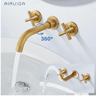 Airuida Chrome Polish Wall Mount Bathroom Sink Faucet Wall Mount Widespread Bathroom Faucet 360 Swivel Spout Double Cross Handles Lavatory Basin Sink Mixing Faucet with Brass Rough in Valve