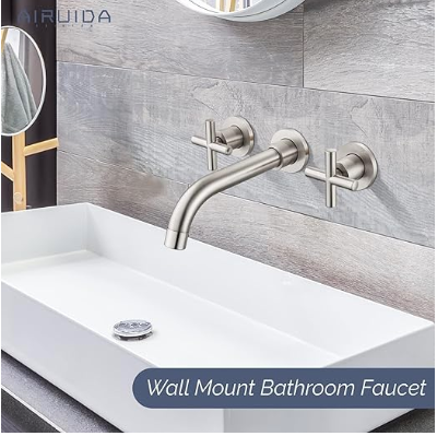 Airuida Chrome Polish Wall Mount Bathroom Sink Faucet Wall Mount Widespread Bathroom Faucet 360 Swivel Spout Double Cross Handles Lavatory Basin Sink Mixing Faucet with Brass Rough in Valve