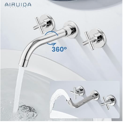 Airuida Chrome Polish Wall Mount Bathroom Sink Faucet Wall Mount Widespread Bathroom Faucet 360 Swivel Spout Double Cross Handles Lavatory Basin Sink Mixing Faucet with Brass Rough in Valve