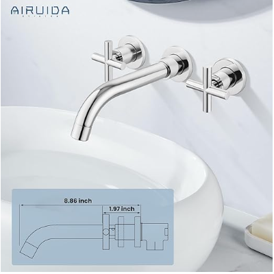 Airuida Chrome Polish Wall Mount Bathroom Sink Faucet Wall Mount Widespread Bathroom Faucet 360 Swivel Spout Double Cross Handles Lavatory Basin Sink Mixing Faucet with Brass Rough in Valve