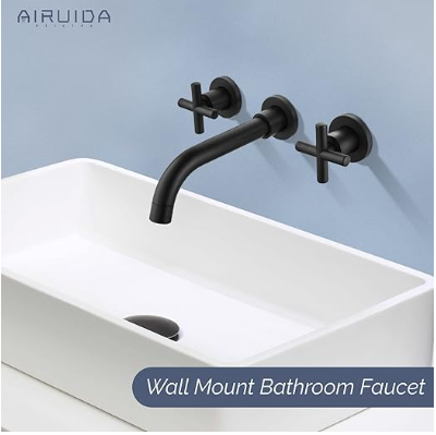 Airuida Chrome Polish Wall Mount Bathroom Sink Faucet Wall Mount Widespread Bathroom Faucet 360 Swivel Spout Double Cross Handles Lavatory Basin Sink Mixing Faucet with Brass Rough in Valve