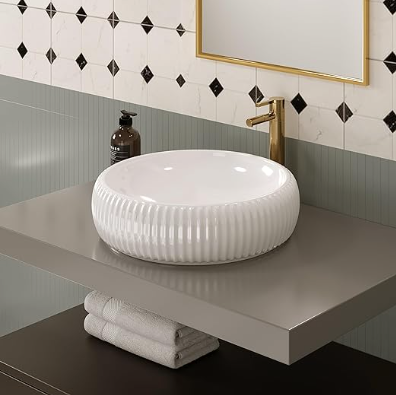 Bathroom Vessel Sink 16.5"x4.9" Round Glossy White Vessel Sink with White Pop Up Drain, Bathroom Sink Above Counter, Ceramic Countertop Vessel Sink for Bathroom