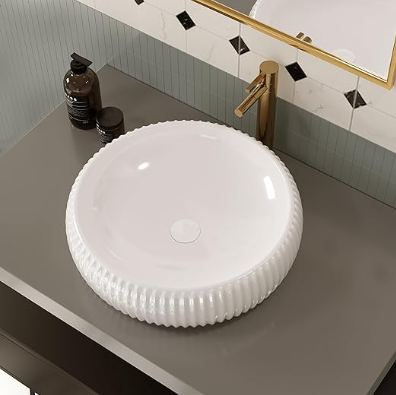 Bathroom Vessel Sink 16.5"x4.9" Round Glossy White Vessel Sink with White Pop Up Drain, Bathroom Sink Above Counter, Ceramic Countertop Vessel Sink for Bathroom