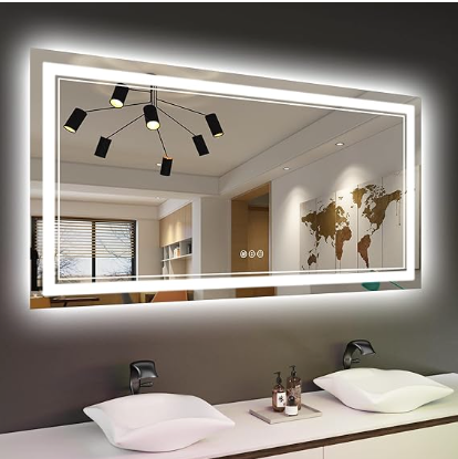 Backlit Bathroom Mirror: Wall-mounted with anti-fog, dimmable LED lights