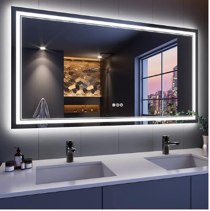 Backlit Bathroom Mirror: Wall-mounted with anti-fog, dimmable LED lights