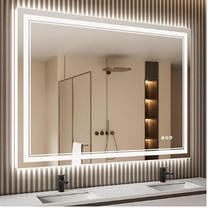 Backlit Bathroom Mirror: Wall-mounted with anti-fog, dimmable LED lights