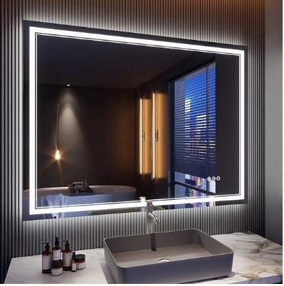 Backlit Bathroom Mirror: Wall-mounted with anti-fog, dimmable LED lights