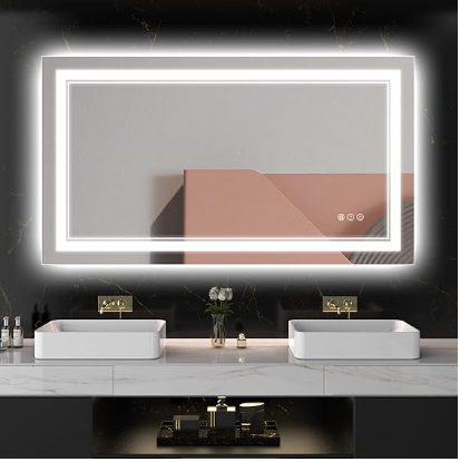 Backlit Bathroom Mirror: Wall-mounted with anti-fog, dimmable LED lights