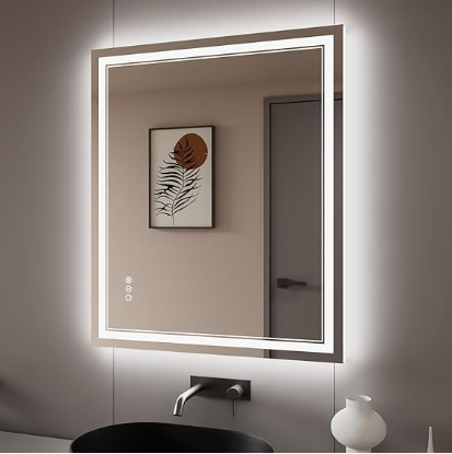 Backlit Bathroom Mirror: Wall-mounted with anti-fog, dimmable LED lights