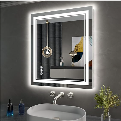 Backlit Bathroom Mirror: Wall-mounted with anti-fog, dimmable LED lights