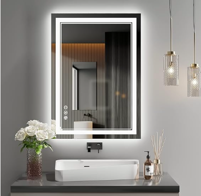 Backlit Bathroom Mirror: Wall-mounted with anti-fog, dimmable LED lights