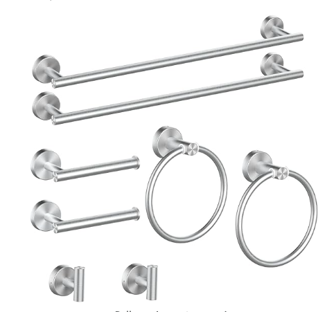 8 Piece Bathroom Hardware Set in Black and Gold includes a 24-inch towel bar, a towel ring, a toilet paper holder, and a robe towel hook, all made of SUS304 stainless steel in a sleek black and gold finish.