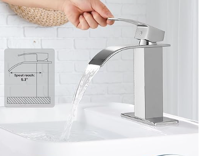 Faucet for Bathroom Sink with Single Handle, Chrome Finish, Waterfall Spout, Suitable for 1 or 3 Holes Installation, Ideal for RV Lavatory or Vanity, Comes with Deck Plate and Supply Lines.