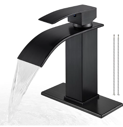 Faucet for Bathroom Sink with Single Handle, Chrome Finish, Waterfall Spout, Suitable for 1 or 3 Holes Installation, Ideal for RV Lavatory or Vanity, Comes with Deck Plate and Supply Lines.